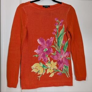 Lauren Ralph Lauren Linen Cotton Floral Sweater Orange Multicolor Size M